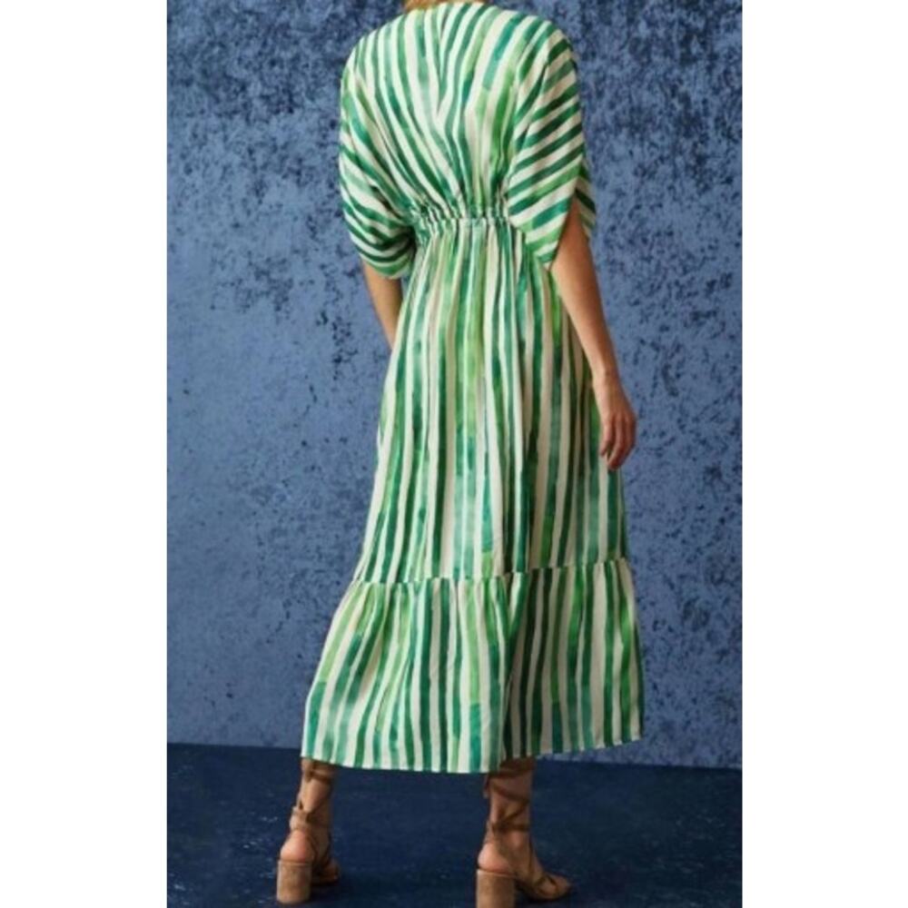 Marie Oliver Venus Caftan Silk Blend Dress Green Striped Bamboo Cabana Sz. L - Picture 3 of 8